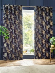Wylder Navy Blue Galapagos Tropical Jacquard Eyelet Curtains - Image 5 of 5
