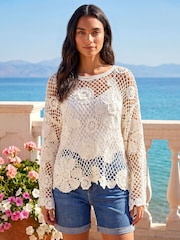 Roman White Floral Open Crochet Knit Tunic - Image 1 of 4
