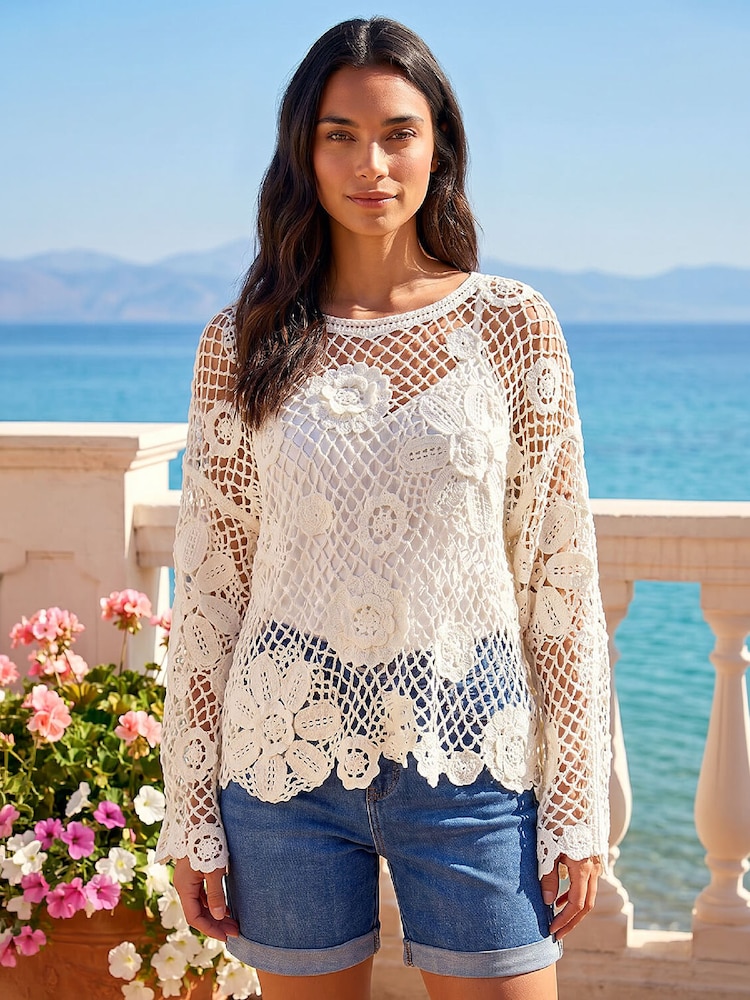 Roman White Floral Open Crochet Knit Tunic - Image 1 of 4