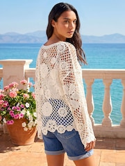 Roman White Floral Open Crochet Knit Tunic - Image 3 of 4