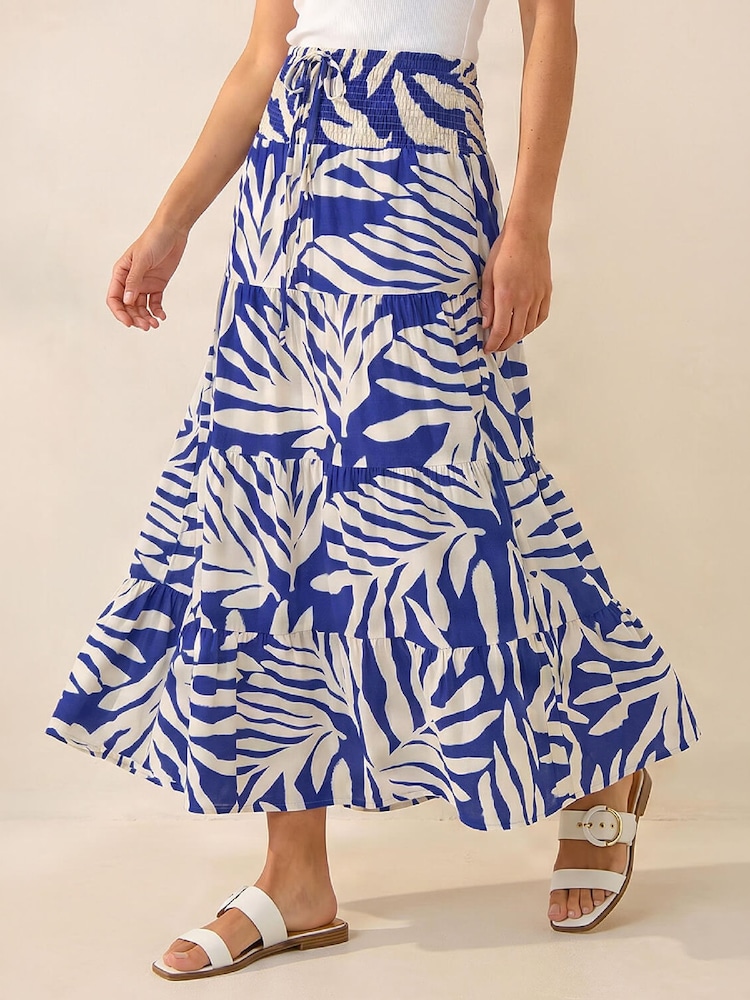 Roman Blue/White Printed Shirred Maxi Skirt - Image 1 of 4 Roman Blue/White Printed Shirred Maxi Skirt - Image 1 of 4