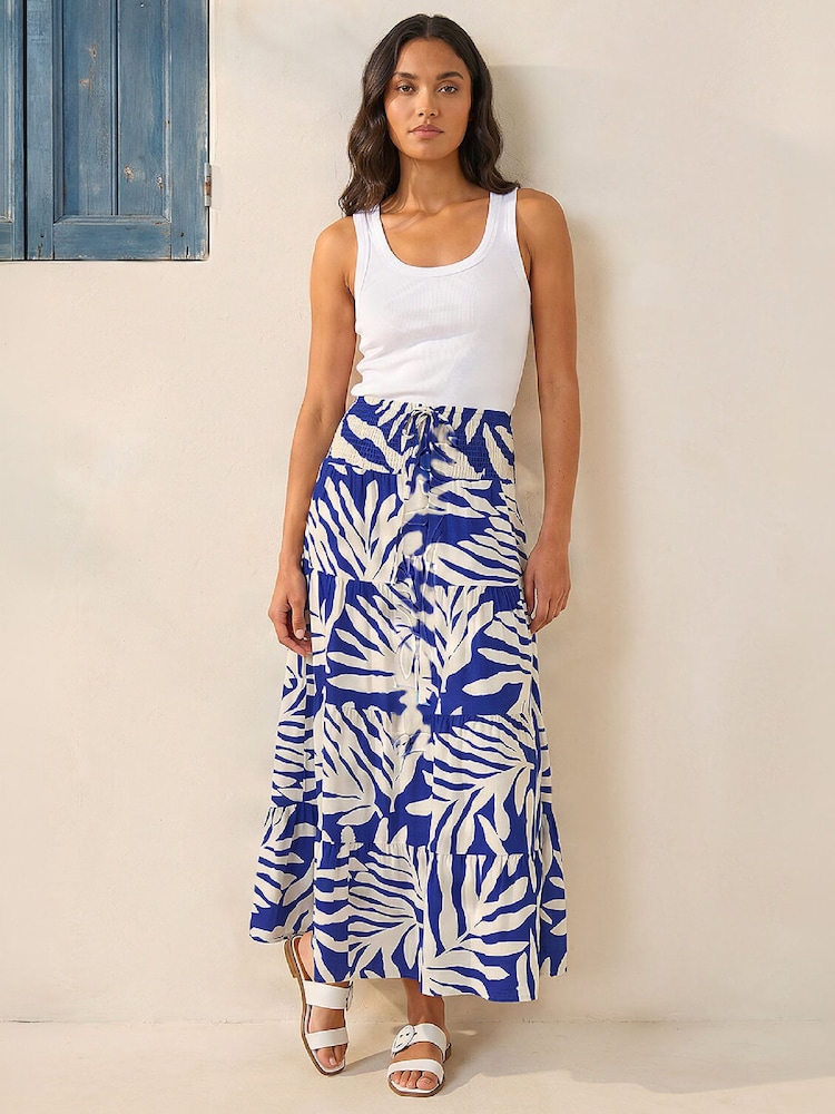 Roman Blue/White Printed Shirred Maxi Skirt - Image 2 of 4 Roman Blue/White Printed Shirred Maxi Skirt - Image 2 of 4