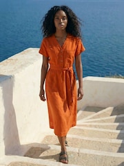 Roman Orange Button Linen Mix Midi Dress - Image 1 of 4