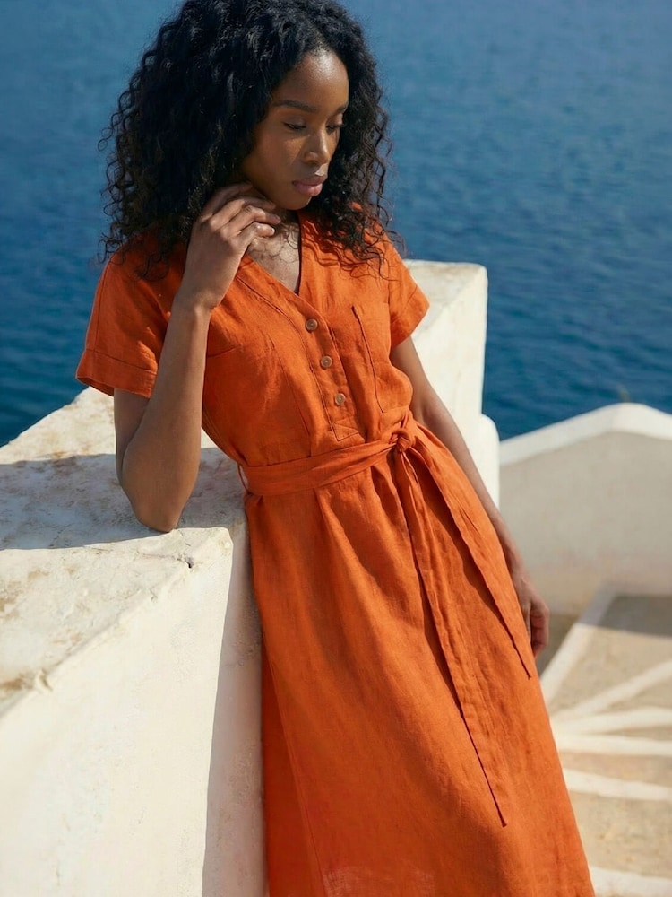Roman Orange Button Linen Mix Midi Dress - Image 2 of 4 Roman Orange Button Linen Mix Midi Dress - Image 2 of 4