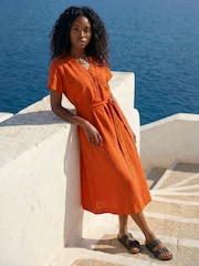 Roman Orange Button Linen Mix Midi Dress - Image 3 of 4