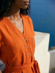 Roman Orange Button Linen Mix Midi Dress - Image 4 of 4