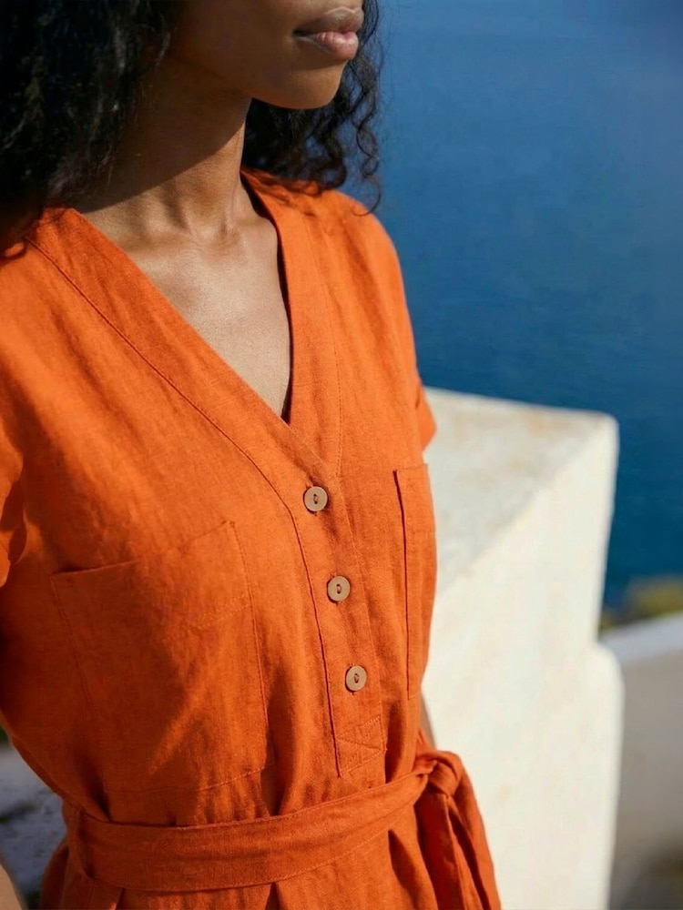 Roman Orange Button Linen Mix Midi Dress - Image 4 of 4 Roman Orange Button Linen Mix Midi Dress - Image 4 of 4