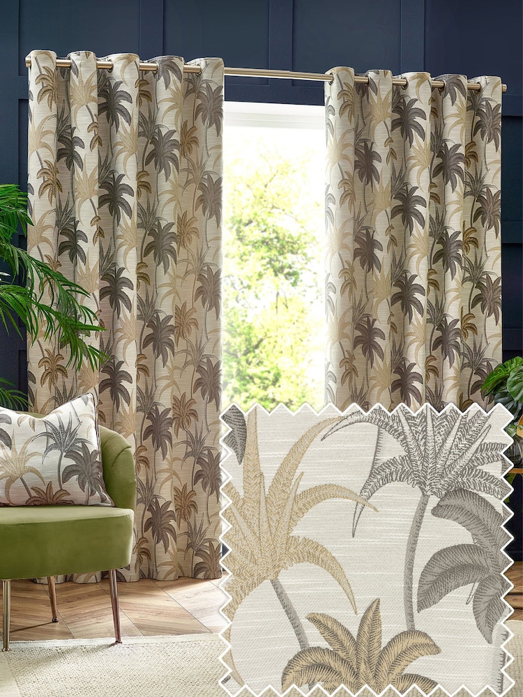 Wylder Natural Galapagos Tropical Jacquard Eyelet Curtains - Image 1 of 5
