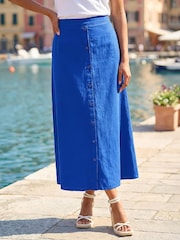 Roman Blue Linen Button Pencil Midi Skirt - Image 1 of 4