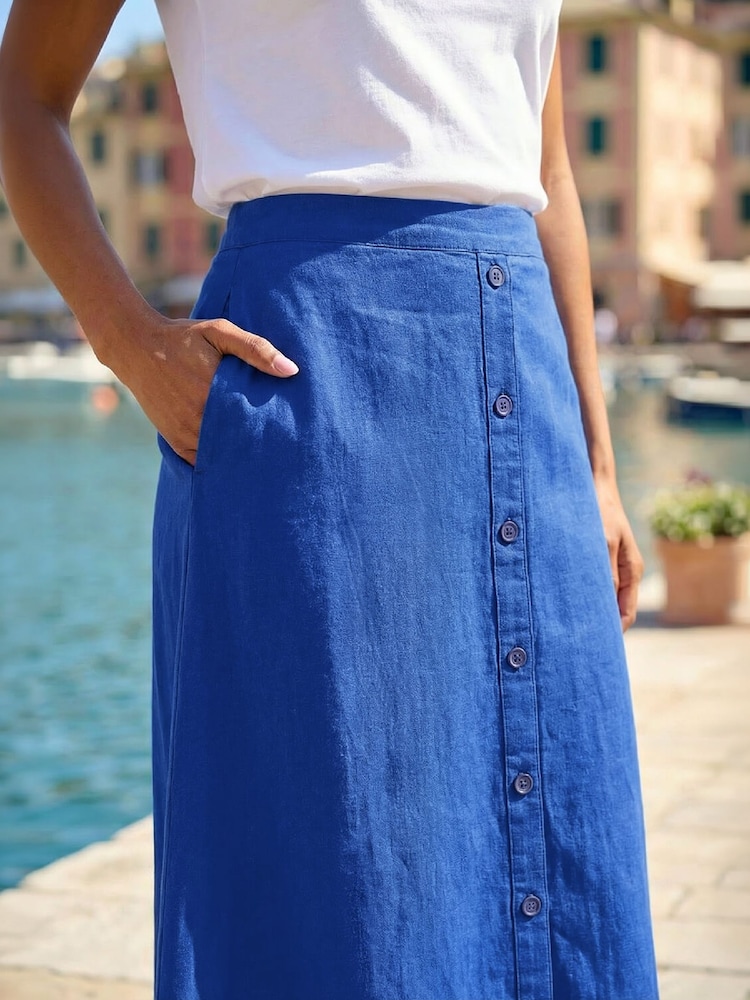 Roman Blue Linen Button Pencil Midi Skirt - Image 4 of 4