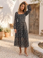 Roman Black Abstract Spot Shirred Midi Dress - Image 1 of 4