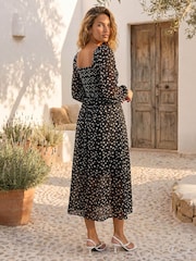 Roman Black Abstract Spot Shirred Midi Dress - Image 3 of 4