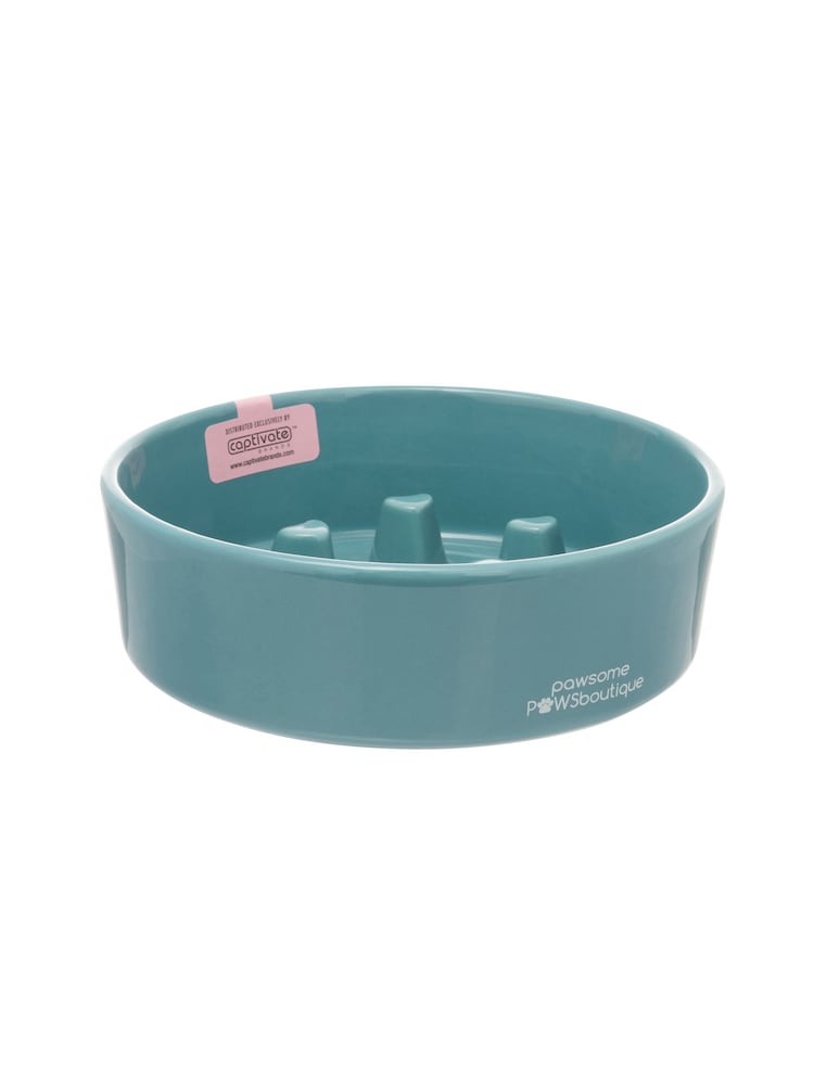 Pawsome Paws Boutique Teal Ceramic Slow Dog Feeder Bowl - Image 2 of 4