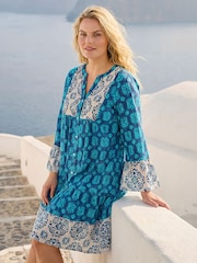 Roman Blue Curve Contrast Print V-Neck Midi Dress - Image 1 of 4