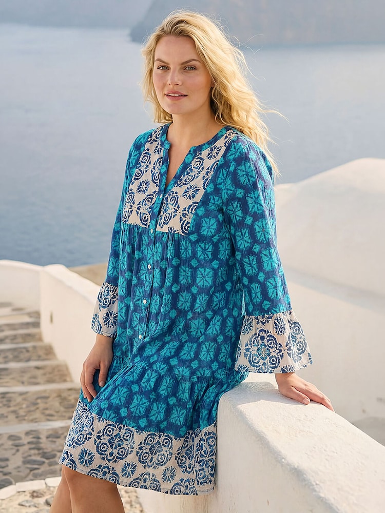 Roman Blue Curve Contrast Print V-Neck Midi Dress - Image 1 of 4 Roman Blue Curve Contrast Print V-Neck Midi Dress - Image 1 of 4