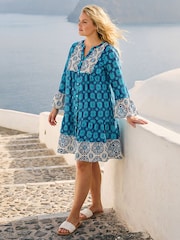 Roman Blue Curve Contrast Print V-Neck Midi Dress - Image 2 of 4