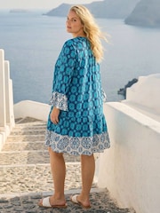 Roman Blue Curve Contrast Print V-Neck Midi Dress - Image 3 of 4