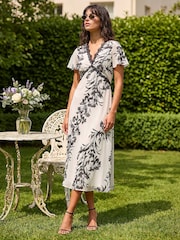 Roman White Lace Trim V-Neck Chiffon Midi Dress - Image 2 of 4