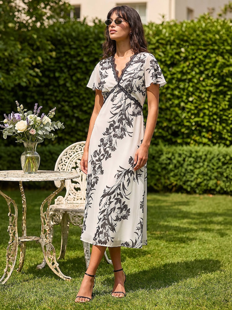 Roman White Lace Trim V-Neck Chiffon Midi Dress - Image 2 of 4 Roman White Lace Trim V-Neck Chiffon Midi Dress - Image 2 of 4