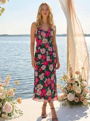 Roman Black Floral Print Cowl Neck Midi Dress - Image 1 of 4