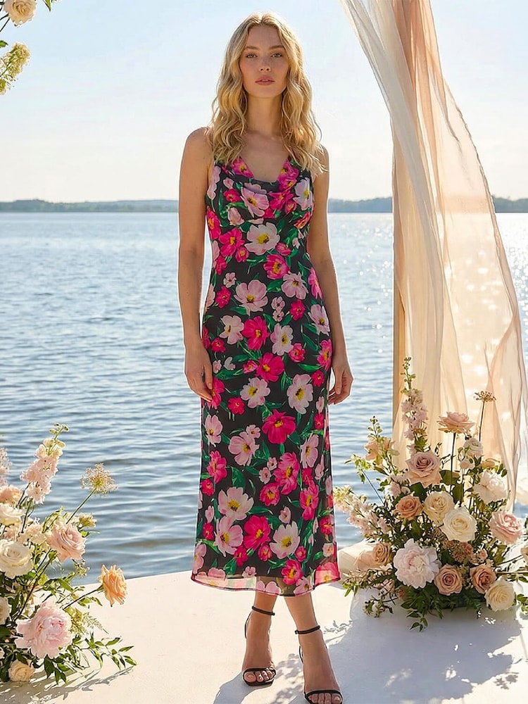 Roman Black Floral Print Cowl Neck Midi Dress - Image 1 of 4