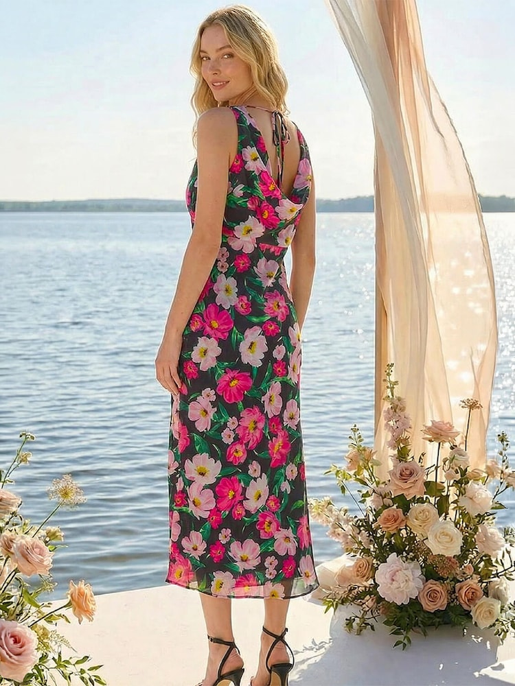 Roman Black Floral Print Cowl Neck Midi Dress - Image 2 of 4