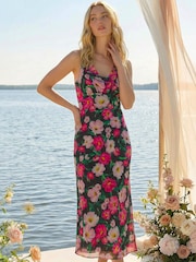 Roman Black Floral Print Cowl Neck Midi Dress - Image 3 of 4