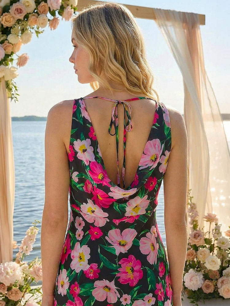 Roman Black Floral Print Cowl Neck Midi Dress - Image 4 of 4