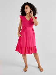 JoJo Maman Bébé Pink Linen Blend Frill Sleeve Maternity Dress - Image 1 of 4