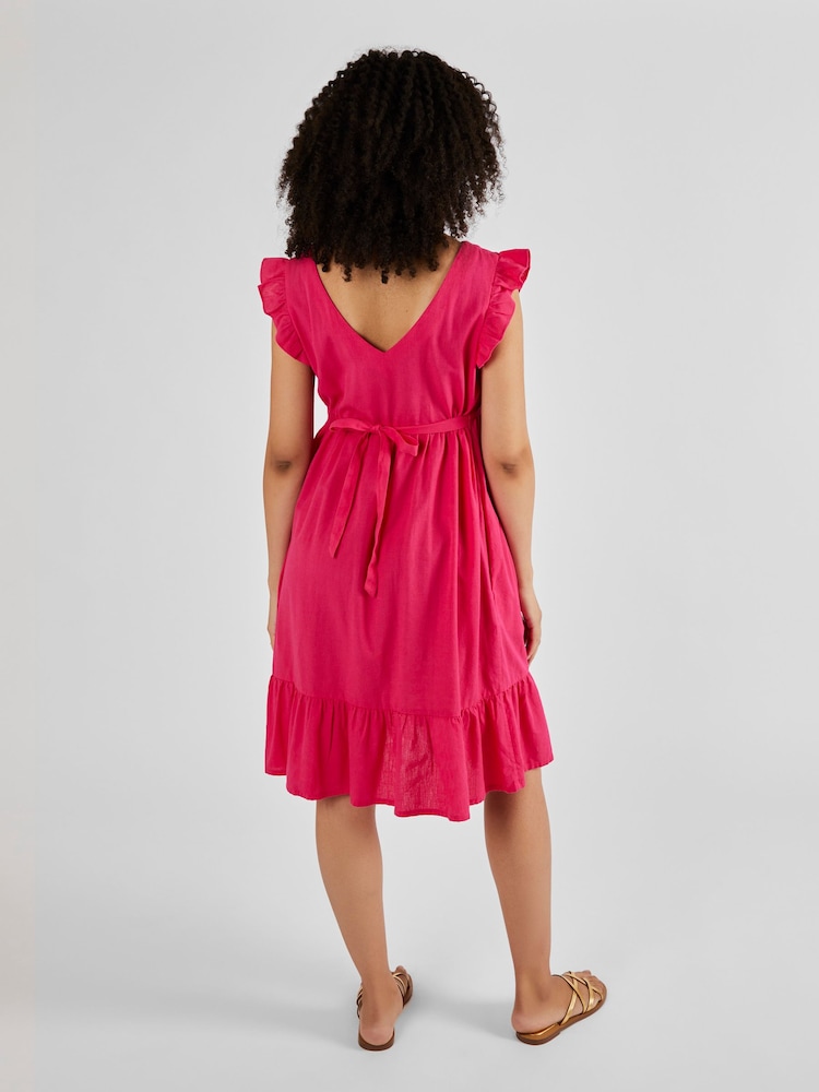 JoJo Maman Bébé Pink Linen Blend Frill Sleeve Maternity Dress - Image 2 of 4