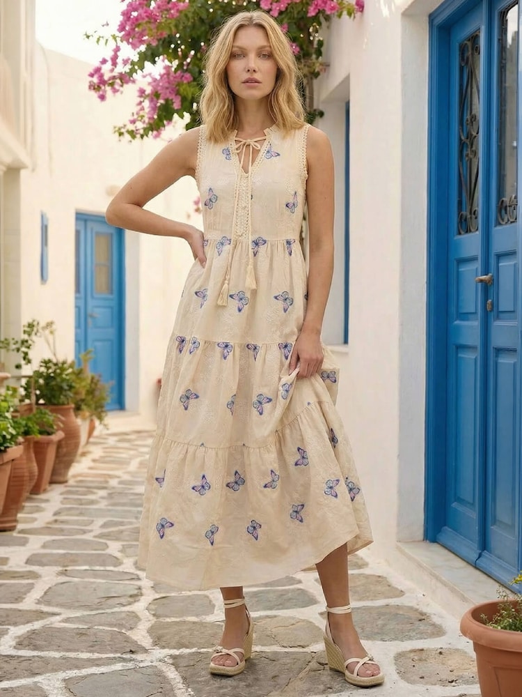 Roman White Butterfly Print Tiered Midi Dress - Image 1 of 4 Roman White Butterfly Print Tiered Midi Dress - Image 1 of 4