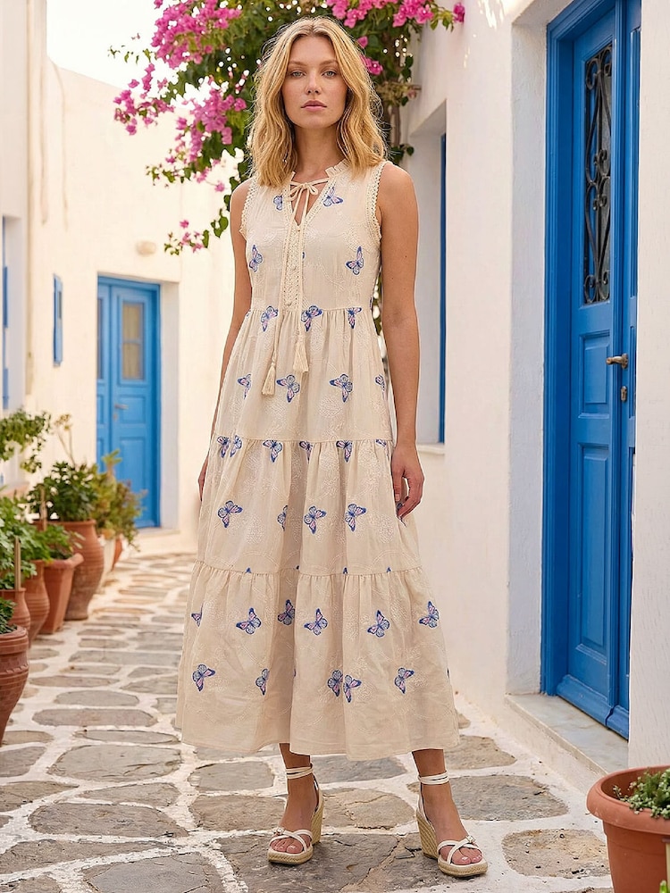 Roman White Butterfly Print Tiered Midi Dress - Image 2 of 4 Roman White Butterfly Print Tiered Midi Dress - Image 2 of 4