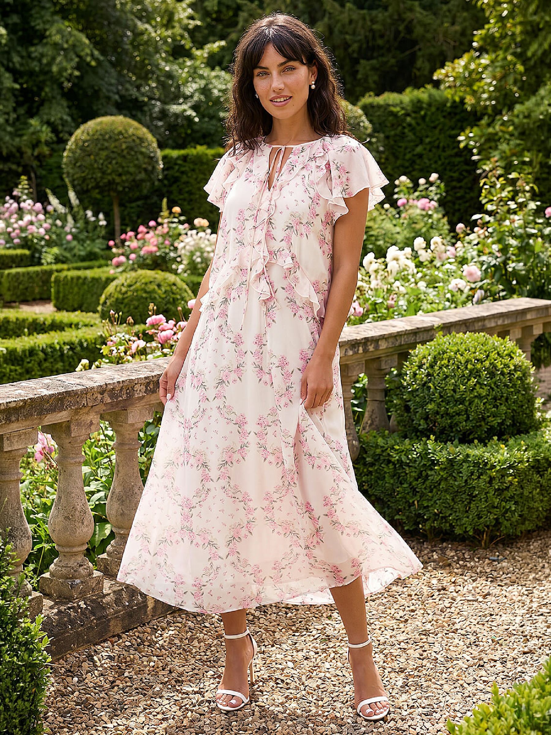 Roman Women's Light Pink Floral Frill Flutter Sleeve Dress Size 12 - Image 4