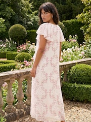 Roman Pink Floral Frill Flutter Sleeve Midi Dress - Image 2 of 4