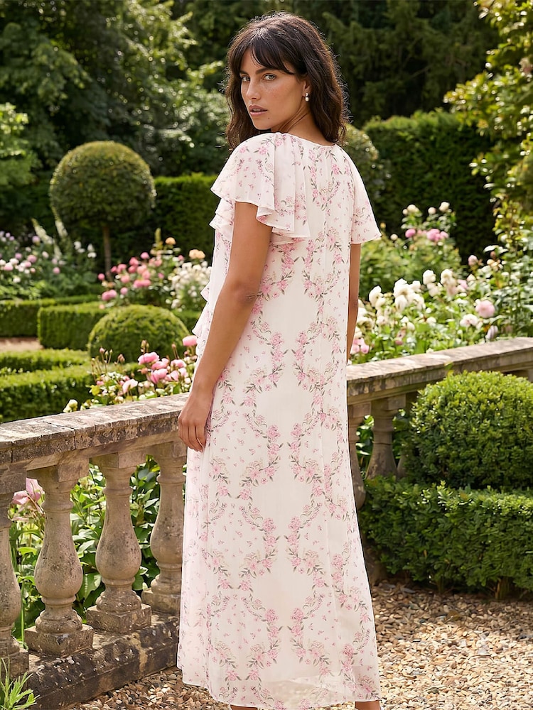 Roman Pink Floral Frill Flutter Sleeve Midi Dress - Image 2 of 4 Roman Pink Floral Frill Flutter Sleeve Midi Dress - Image 2 of 4