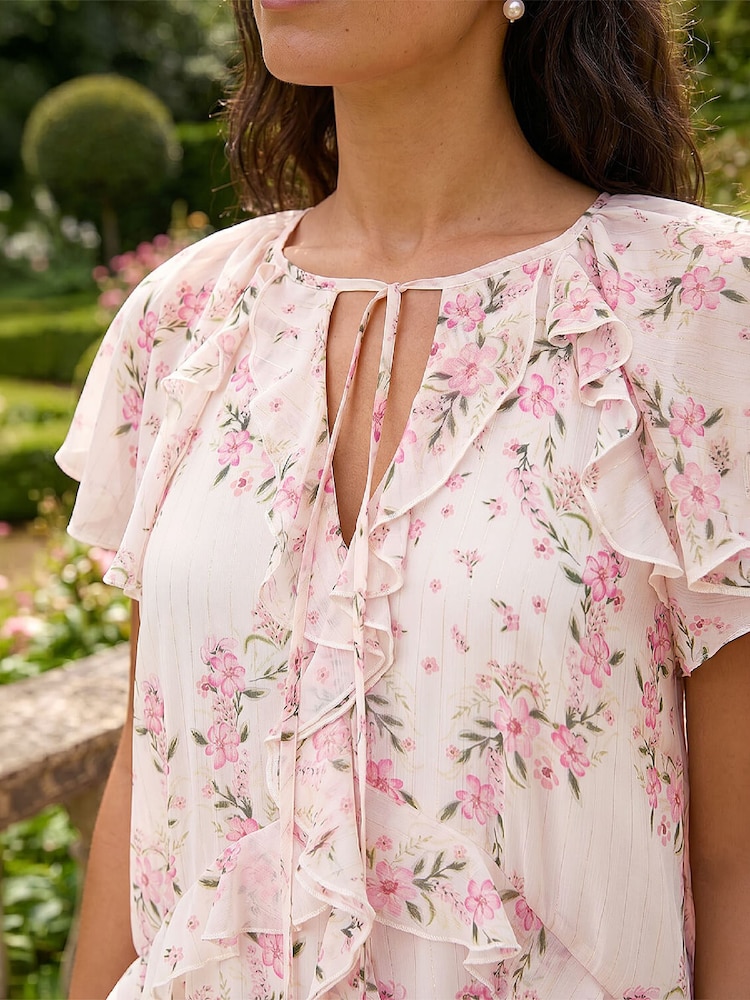 Roman Pink Floral Frill Flutter Sleeve Midi Dress - Image 4 of 4 Roman Pink Floral Frill Flutter Sleeve Midi Dress - Image 4 of 4