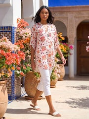 Roman Orange Floral Print Button V-Neck Tunic Top - Image 2 of 4