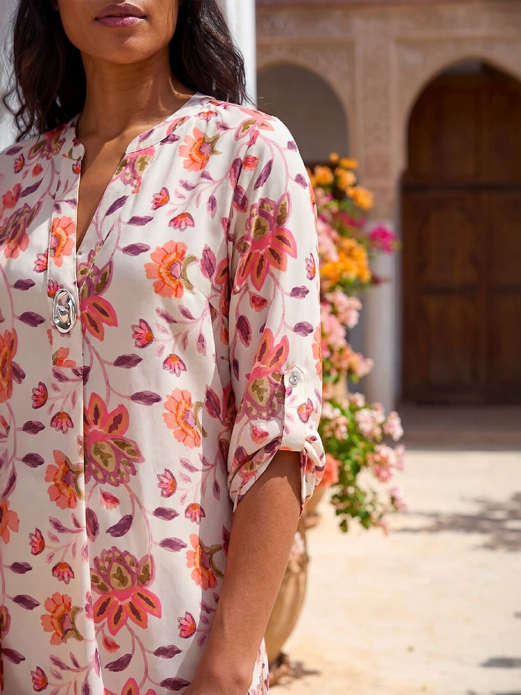 Roman Orange Floral Print Button V-Neck Tunic Top - Image 4 of 4