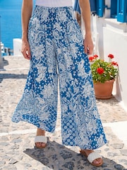 Roman Blue Printed Shirred Wide Leg Trousers - Image 1 of 5