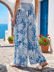 Roman Blue Printed Shirred Wide Leg Trousers - Image 4 of 5