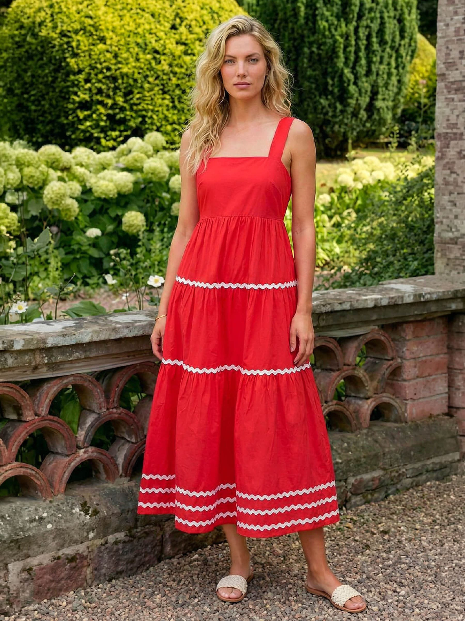 Roman Women's Pink Ric Rac Tiered Midi Dress
