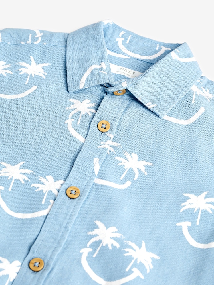 Aqua Blue Smiles Short Sleeve Blended Linen Printed Shirt (3-16yrs) - Image 1 of 3