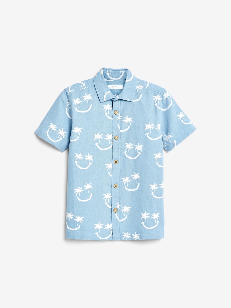 Aqua Blue Smiles Short Sleeve Blended Linen Printed Shirt (3-16yrs) - Image 2 of 3