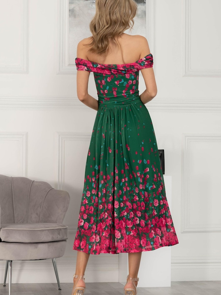 Jolie Moi Green Oliana Mesh Bardot Neckline Dress - Image 2 of 2 Jolie Moi Green Oliana Mesh Bardot Neckline Dress - Image 2 of 2