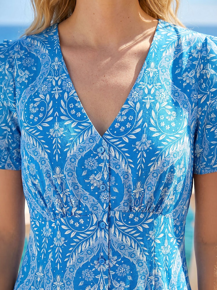 Roman Blue Daisy Print V-Neck Tea Dress - Image 4 of 4