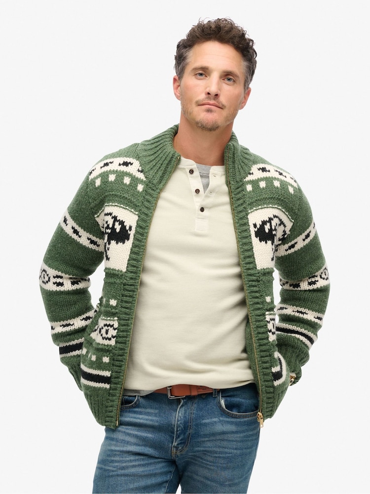 Superdry Buffalo Green Chunky Knit Patterened Zip Through Jumper - Image 1 of 7