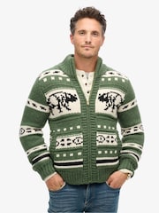 Superdry Buffalo Green Chunky Knit Patterened Zip Through Jumper - Image 2 of 7