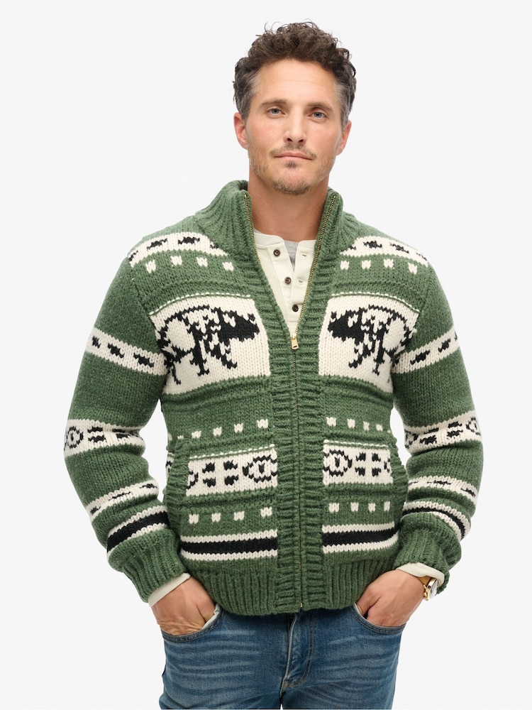 Superdry Buffalo Green Chunky Knit Patterened Zip Through Jumper - Image 2 of 7