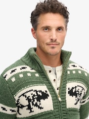 Superdry Buffalo Green Chunky Knit Patterened Zip Through Jumper - Image 3 of 7