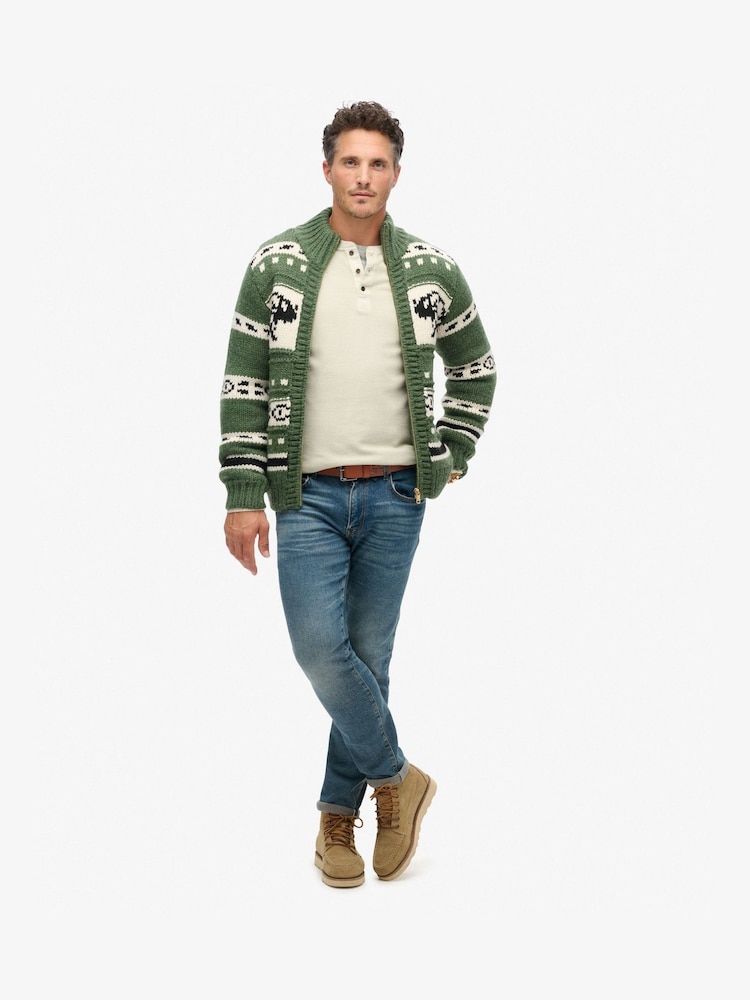 Superdry Buffalo Green Chunky Knit Patterened Zip Through Jumper - Image 4 of 7